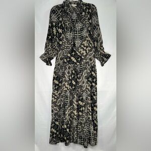 Paani Defying The Odds Black/Beige Maxi Dress Ruffle Neck Cuff Boho Prairie Sz S